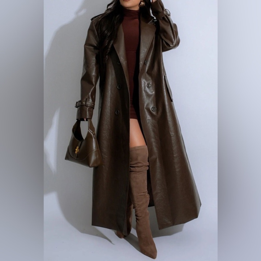 Brown Faux Leather Trench Coat